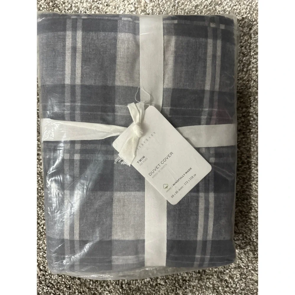 Pottery Barn Turner Plaid Print Duvet Cover Gray Multi Twin Organic Cotton NEW